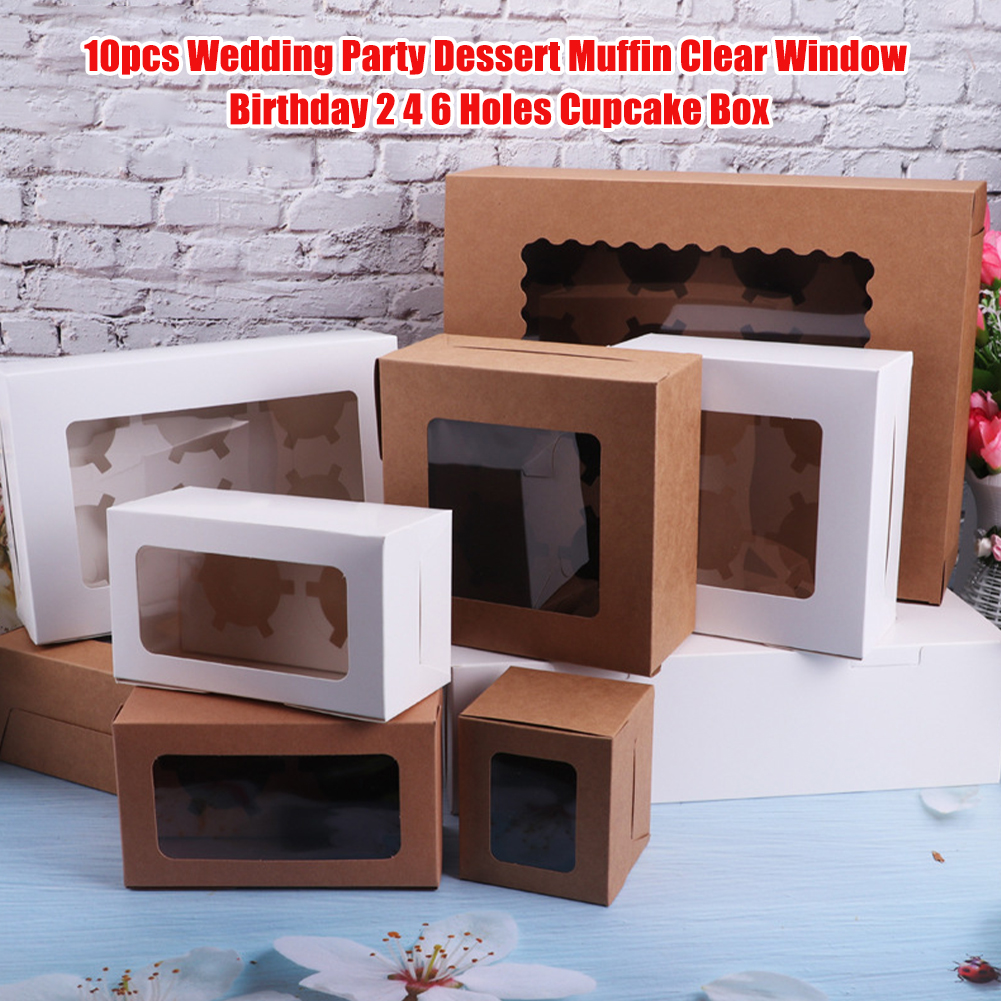 10 stk fødselsdagsemballage cupcake kasse 2 4 6 huller klart vindue bageri display container bryllupsfest pap dessert opbevaring
