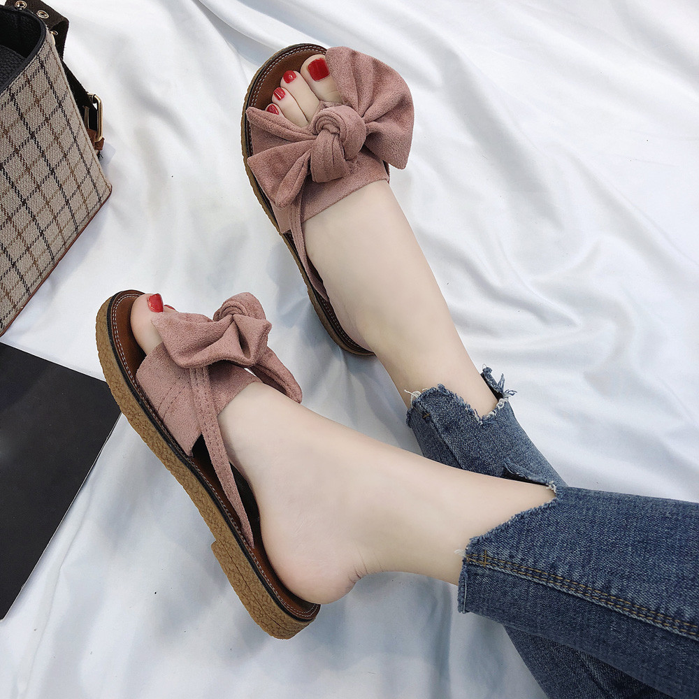Summer Women Flip Flops Solid Color Bow tie Flat Heel Sandals Size 36-40 Outdoor Slipper Beach Shoes Female G2