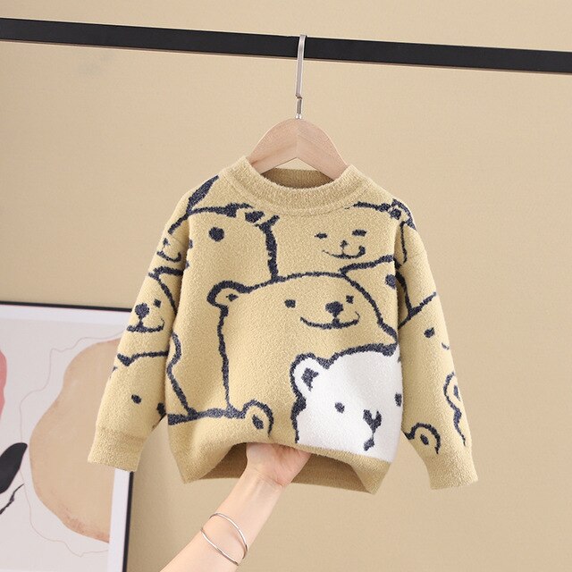 Xxx garçons filles bébé pull ours imprimer enfant en bas âge hauts pulls 1-6Y enfants vêtements d'extérieur tricotés automne hiver vêtements: light yellow / 2T