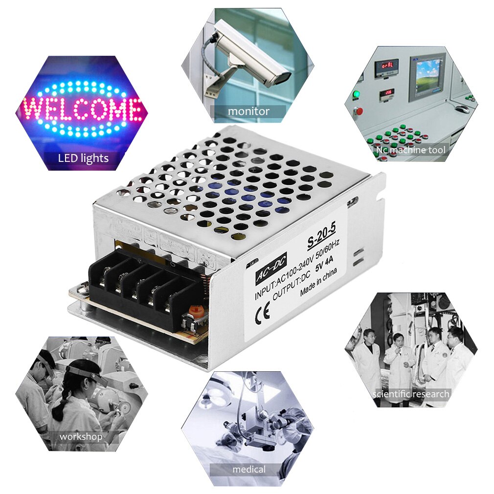 DC 5V 4A Regulated Switching Power Supply Transformer 100-240V 50/60HZ AC to DC for LED Strip Light