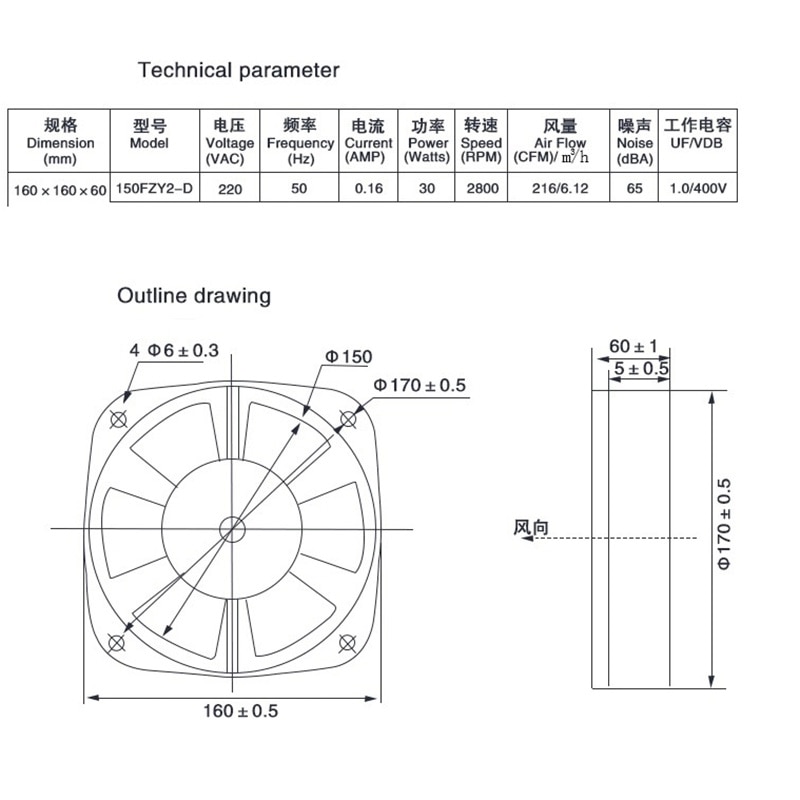 150FZY2-D Single Flange AC220V 30W Fan Axial Flow Fan Fan Electric Box Cooling Fan Wind Direction Adjustable
