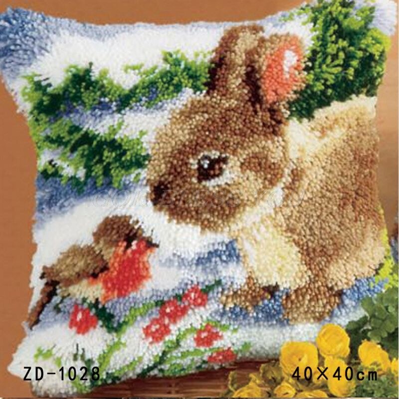Animal Series Latch Hook Rug Kits Dogs 3D Segment Embroidery Pillow Wool Cross Stitch Carpet Embroidery DIY Latch Hook Pillow: 1028-Rabbit And Bird