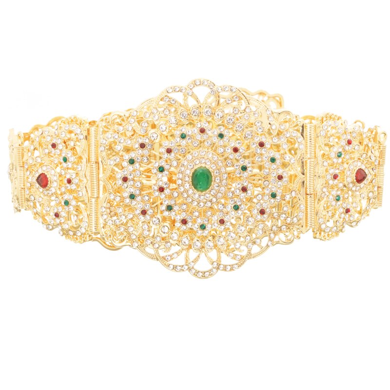 Prachtige Marokkaanse Stijl Verstelbare Lengte Lichaam Sieraden Taille Keten Vrouw Vol Diamanten Uitgeholde Zilver Metalen Riem: gold mix