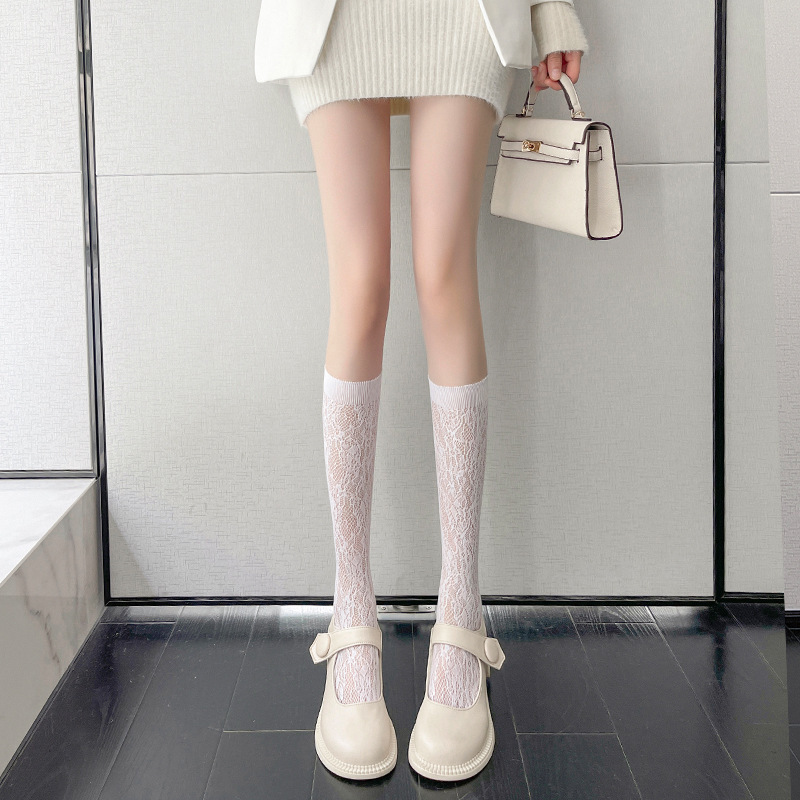 Lace Flower Print Long Socks Lingerie Sexy Mesh Fishnet High Knee Sock Women Summer Thin Transparent Lolita Kawaii Calf Socks: SKY BLUE