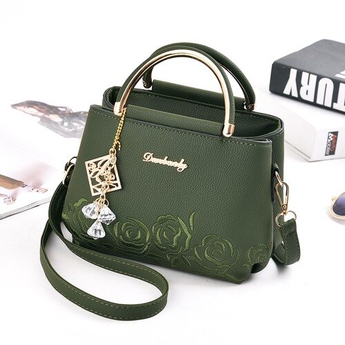 Vrouwen Kleine Tas Vrouwelijke EmbroideryPU Lederen Tas Mode Bloem Schoudertas vrouwen Handtas: green