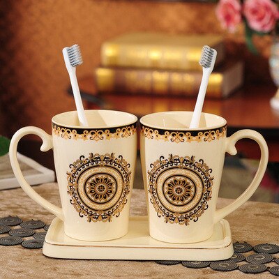 Juego de cerámica para baño, soporte y taza para cepillo de dientes, con bandeja, lavabo, par de cepillos de dientes eléctricos, 4 piezas: Style 1