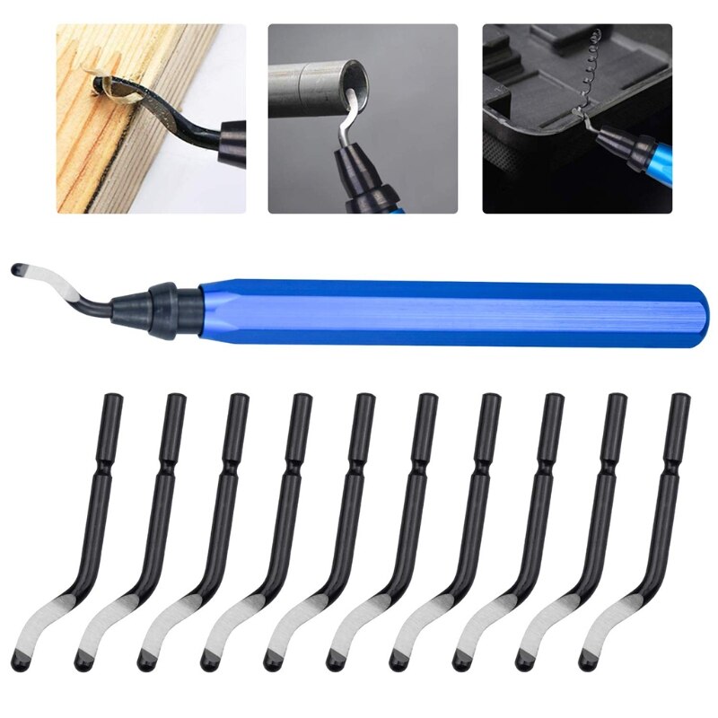 Handle Burr Metal Deburring Remover Cutting Tool with 10pcs Rotary Deburr Blades Removing for Aluminium Copper Wooden Plastic