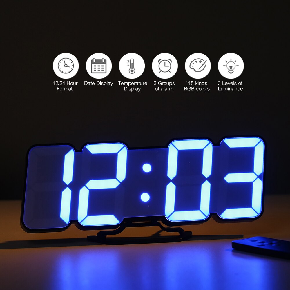 3D Wireless Remote Digital Alarm Clock USB Powered Temperature/Date Display RGB LED 3-Level Brightness Sound Control Wall Clock