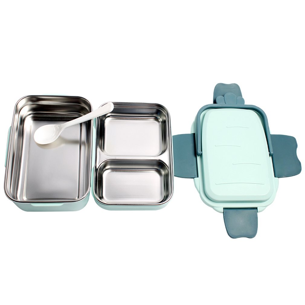 Double-Layer Lunchbox Rvs Food Storage Container Draagbare Lekvrije Silicone Ring Lunchbox Cartoon Servies