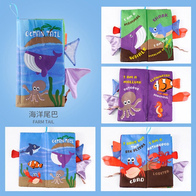 Infant 3 Style Baby Cloth Books Early Learning Educational Toys with Animals Tails Soft Cloth Development Books Rattles: ocean tail
