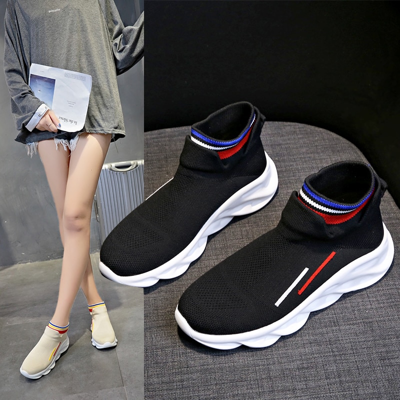 Weweya beige slip-on joggesko kvinner høye sokker løpe sportssko pustende komfortable løpesko utendørs kvinnelige gåsko