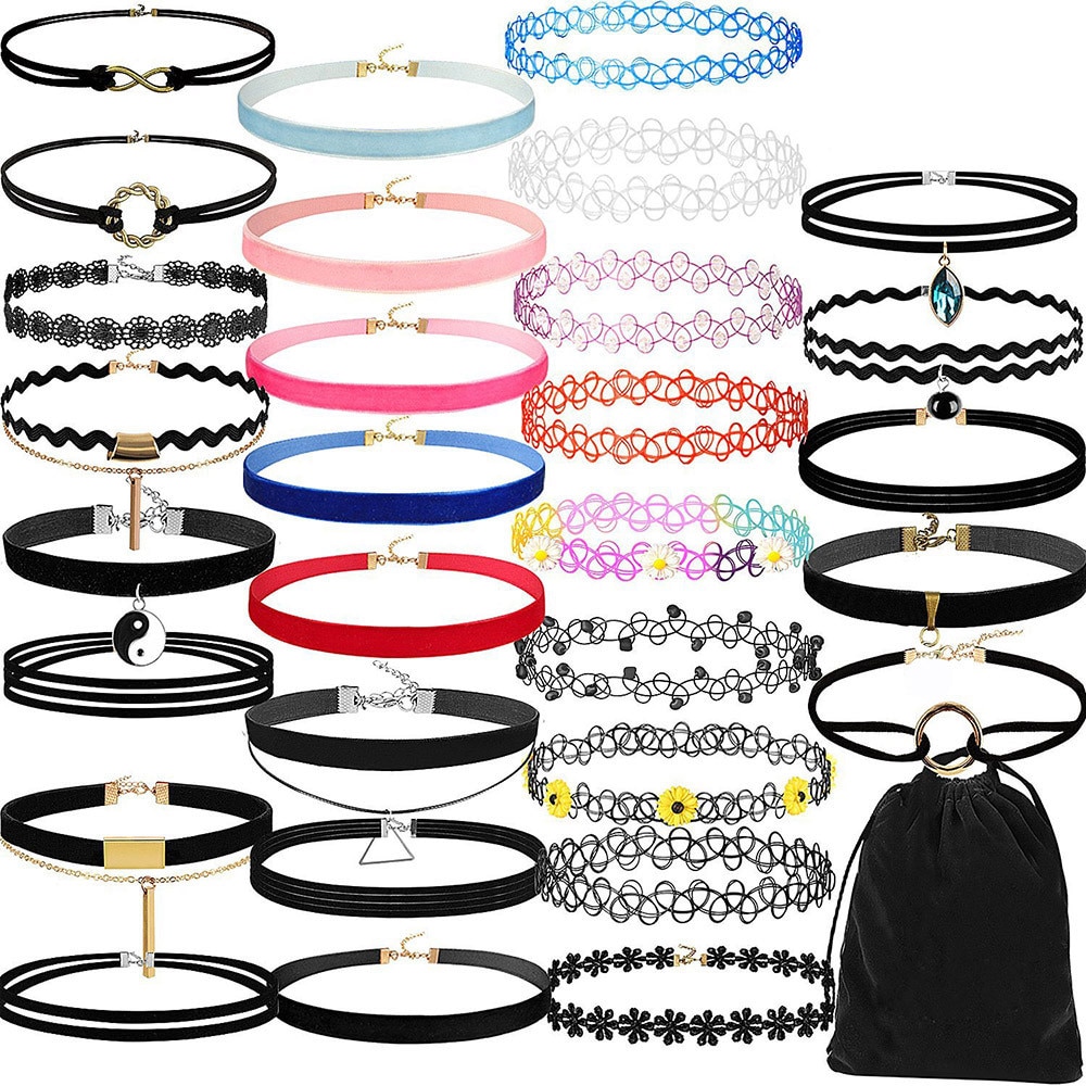 Conjunto de 30 unidades de gargantillas de cuero con de tatuaje para mujer, Set de 30 colgante de collares con encaje negro, joyería