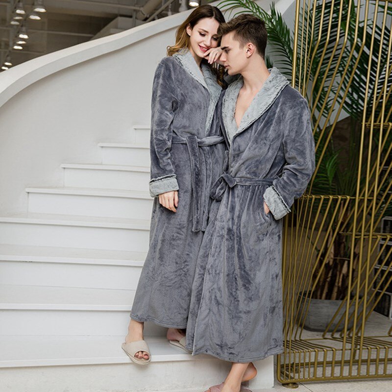 Flanel Paar Badjas Pyjama Winter Thicken Warm Plus Size Losse Lange Gezellige Gewaden Coral Fleece Nachtjapon Lounge Thuis Kleding