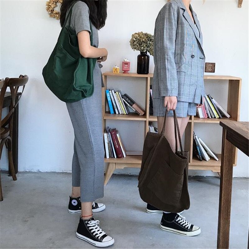 Women Canvas Shoulder Bag Large Capacity Female Big Tote Handbag Folding Reusable Shopping Bags Thin Strap Cloth Bags