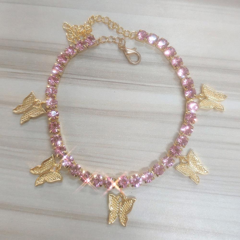 GLAMing Nette Gold Schmetterling Fußkettchen Armband für Frauen Strass Fuß Knöchel Kette Schmuck Schmetterling Anhänger: Gold Pink