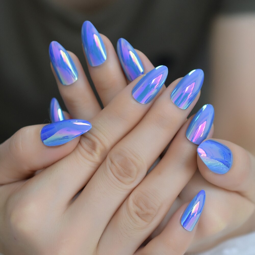 Céu azul holográfico unhas falsas stiletto, médio cromado espelho de plástico curva brilhar it a unha com cola