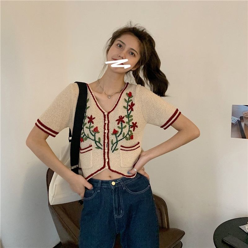 Rebeca de manga corta para mujer, ropa femenina, estética, cuello en V, retales de ocio, bordado con bolsillos de primavera,: apricot