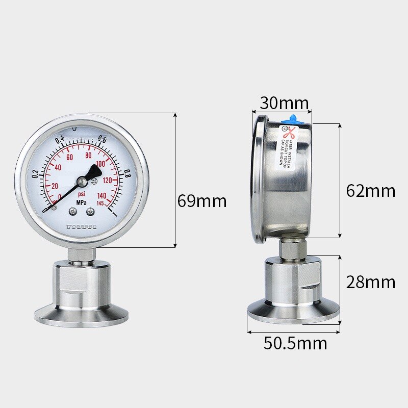 Manometer Bar/psi 1.5 inch (50.5mm) 2inch ( 64mm) Tri Clamp Diaphragm Pressure Gauge SS304 Stainless Steel Body SS316 Diaphragm