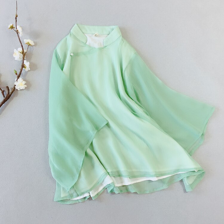 ¡Novedad de primavera-verano ! Blusa china de Nagodo, camisa de té Zen de doble capa de hilo, Top de gasa estilo chino clásico Hanfu para mujer: mint green