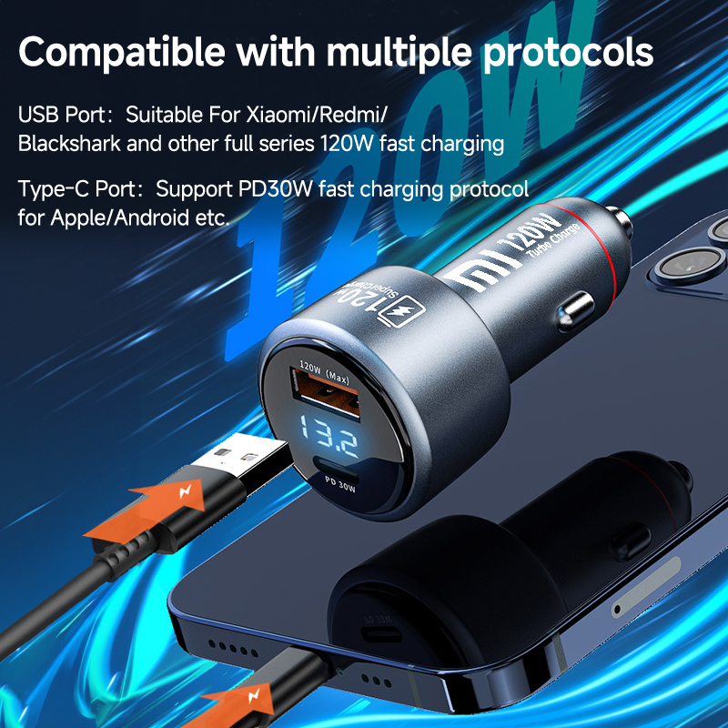 120W Xiaomi USB Type C Car Charger 67W 6A Turbo Fast Charging Adapter For Mi 14 13 13T 12 Pro Redmi Note K60 IPhone 16 15 Charge