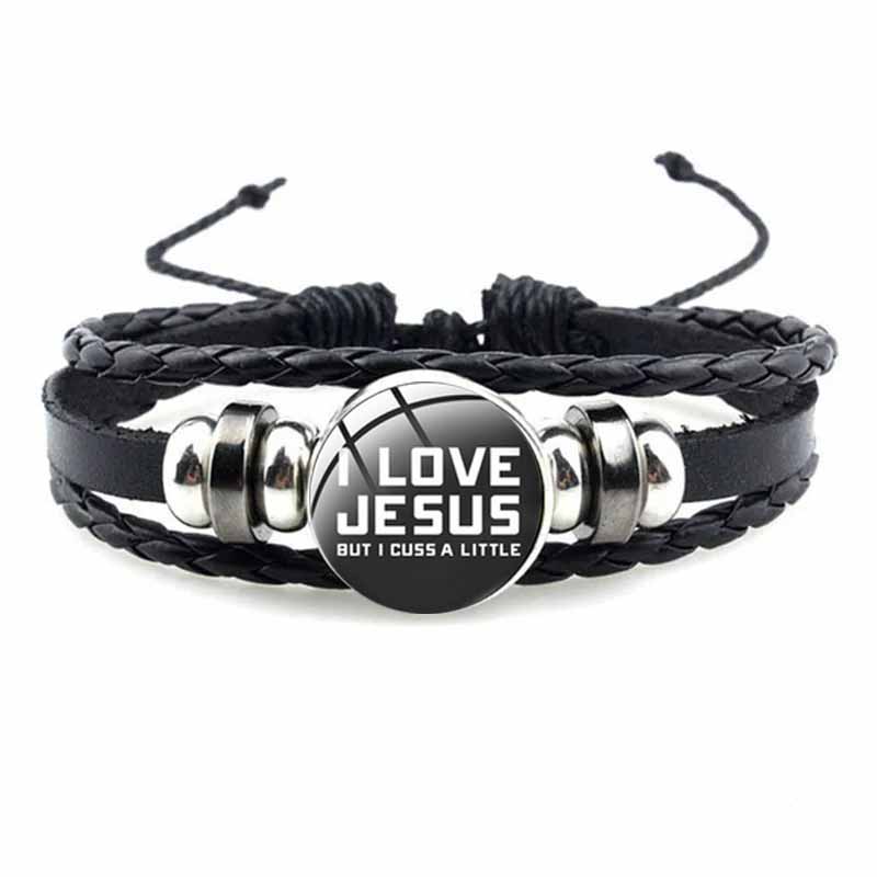 Bracelet avec symbole chrétien de poisson de jésus, bijou en verre fait à la main, Punk, en cuir tissé noir, bijoux manchette pour hommes et femmes: Brun rougeâtre