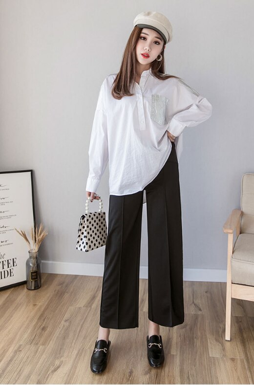 Length Thin Wide Leg Maternity Pants Elastic Waist Belly Trousers Clothes for Pregnant Women Formal Work Pregnancy: Black / M