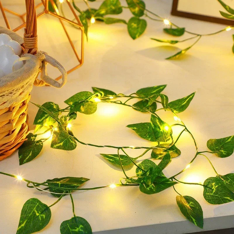 Guirnalda de luces LED de plantas artificiales, 20/50/100LED, hojas verdes, funciona con pilas para colgar decoración navideña, 1 ud.: 0-5 W
