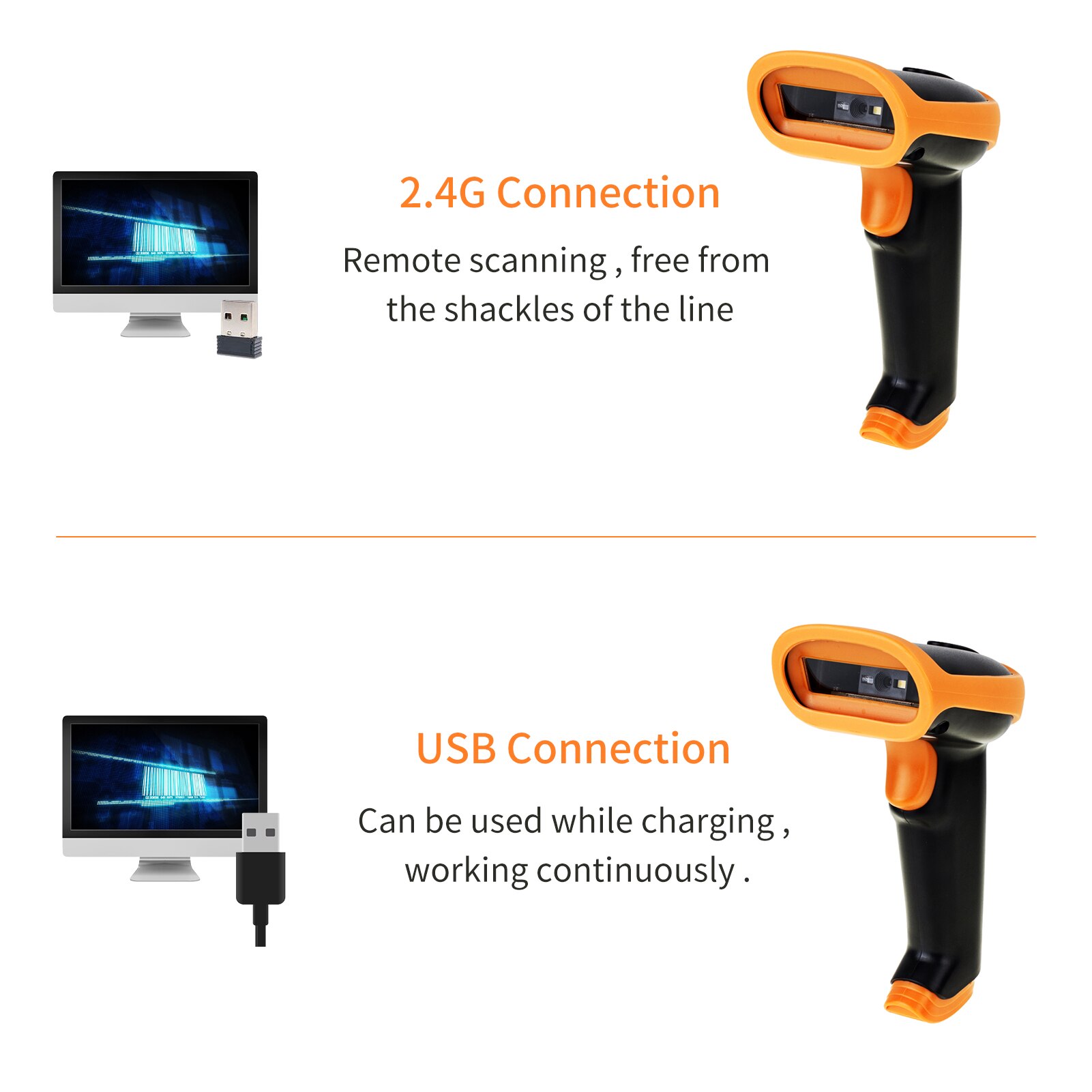 1D 2D Supermarkt Psp Barcode Bar Code Scanner Reader Qr 2.4G Wireless &amp; Wired Usb Barcode Scanner Voor Bibliotheek magazijn