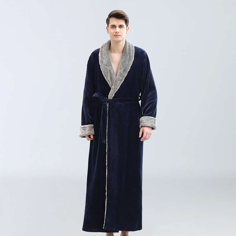 180 Herfst Winter Nachthemd Mannen Toevallige Coral Fleece Nachtkleding Warm Paar Homewear Flanel Riem Pyjama Kimono Badjas Gown: navy / Xl