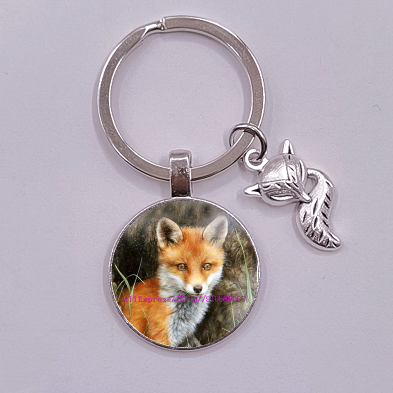 Porte-clés en verre, renard et fleur de dessin animé pour femmes, joli Animal coloré pour filles: Noir naturel