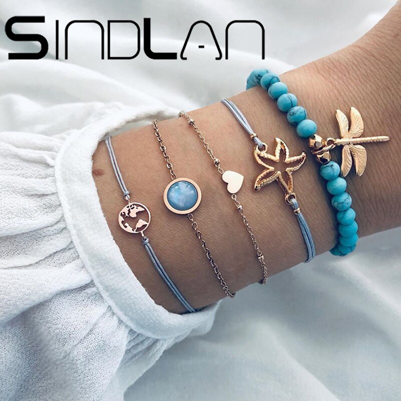 Sindlan 5Stck Blau Naturstein Perlen Armbänder für Frauen Charme Weben Karte der Quaddel mit Grau Seil Boho Weibliche handgelenk Schmuck