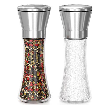 Konco 2 st saltpepparkvarnshakers, pepparkryddkvarnar i rostfritt stål med justerbar keramik med glaskropp: 1 set (stor)