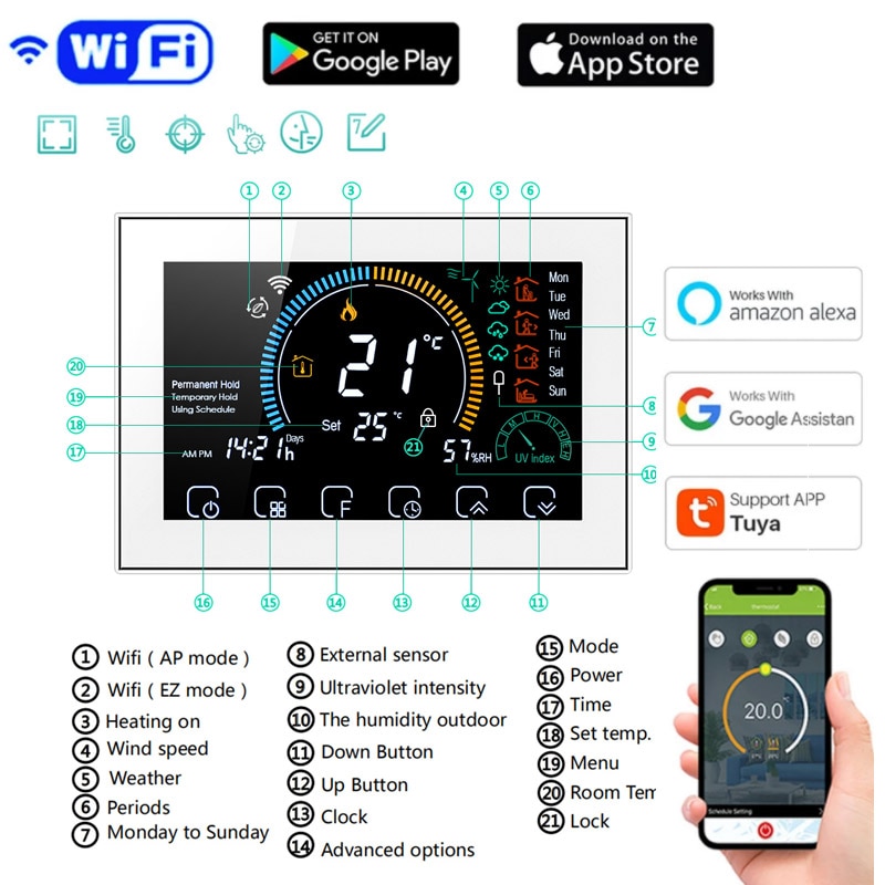 with Google Home Smart WiFi Thermostat Temperature Controller for Gas Boiler Electric Underfloor Heating Humidity Display Works