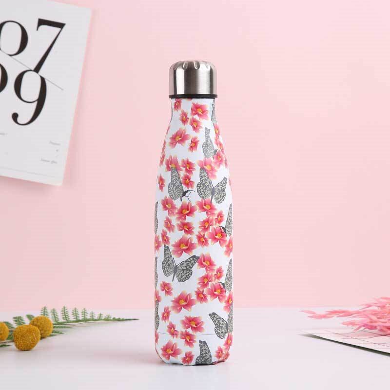 Floral Wood Water Bottle BPA Free Marble Insulated Cold Cup Coffee Mug Leak-proof Water+Bottles Stainless Steel Thermos Flask