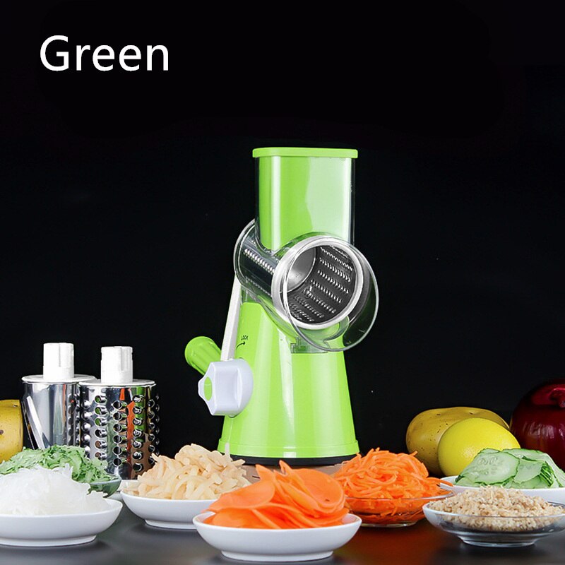 Handleiding Ronde Mandoline Groente Slicer Cutter Ui Aardappel Wortel Rasp Met 3 Chopper Messen Keuken Tafelblad Drum Gadgets: GREEN