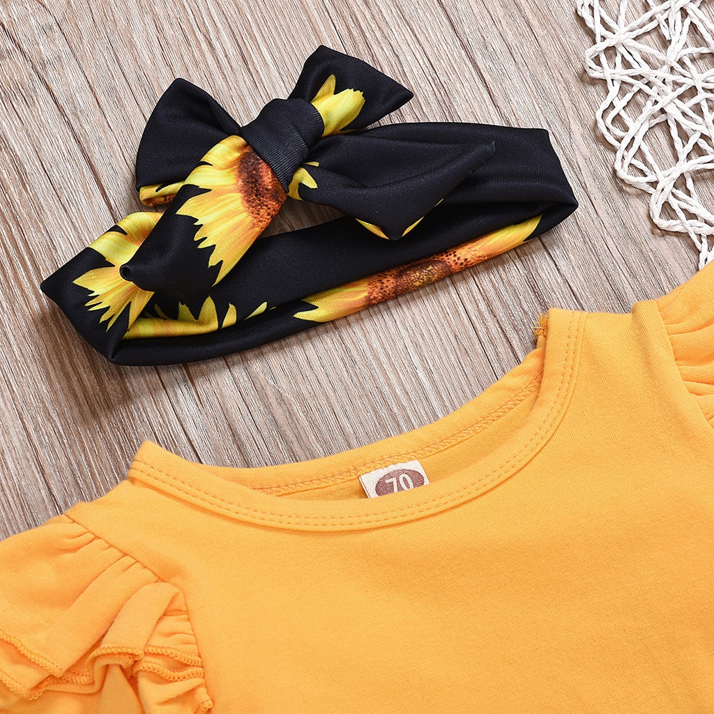 Del bambino Della Ragazza Set Bambino Manica Lunga Borsa Scoreggia Pagliaccetto Robe + Girasole Floreale Pants + Fascia Dei Capelli del Vestito Giallo vestiti детская одежда 5