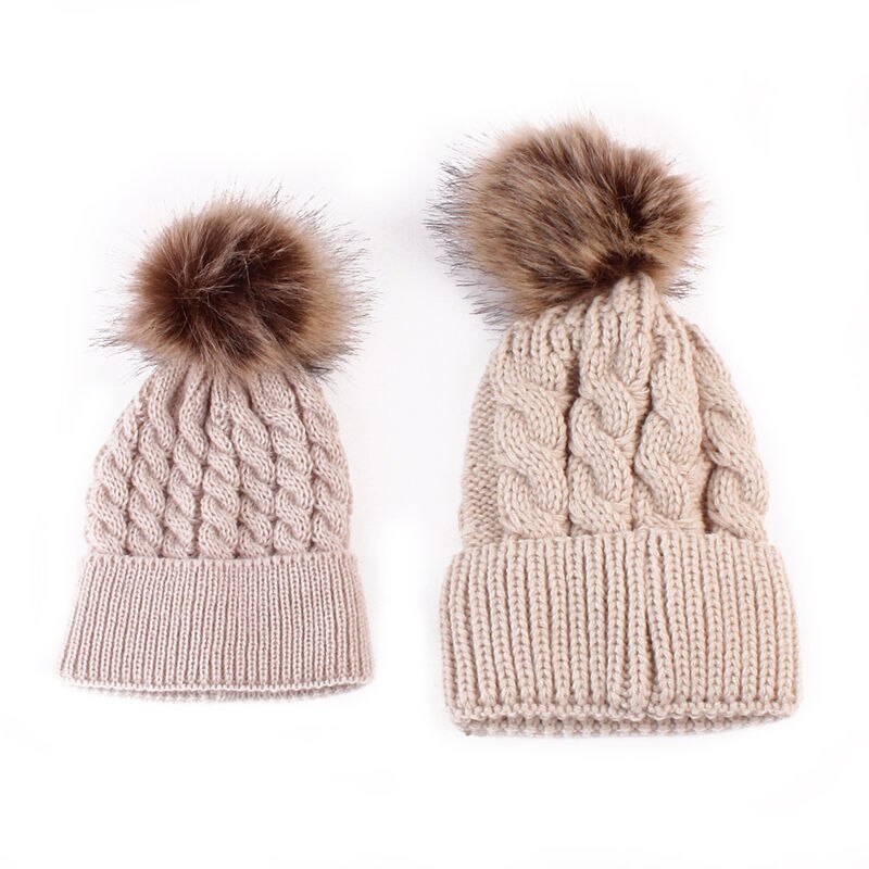 Emmababy familj matchande look vintermössa mamma och barn bebis varm vinterstickad mössa 2 st/set pälsmössa: Kaki