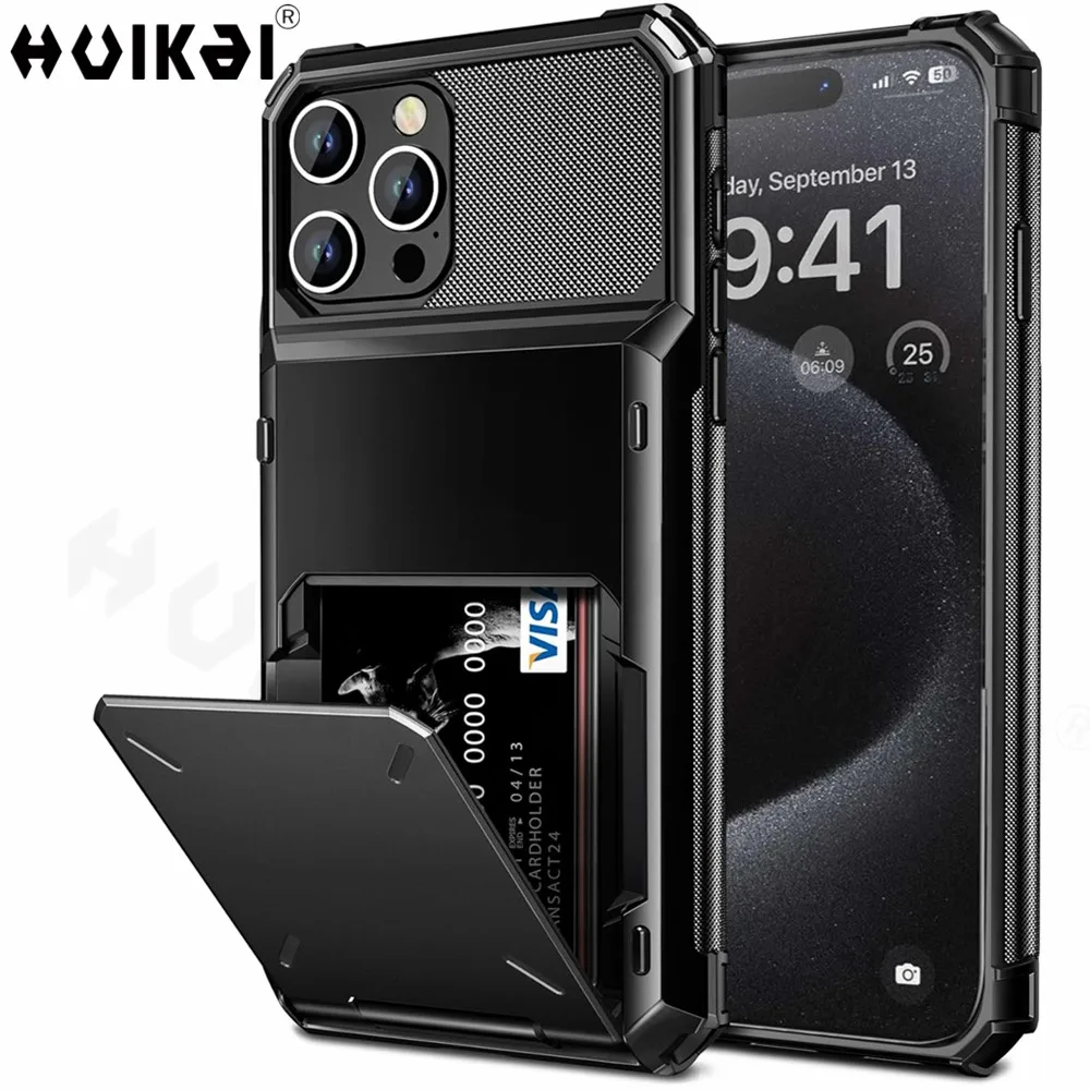 Card Holder Case For iPhone 15 Pro Max 15 Plus 15 14 Pro 13 12 11 Heavy Duty Wallet Hidden Flip Slot Protective Hard Back Cover