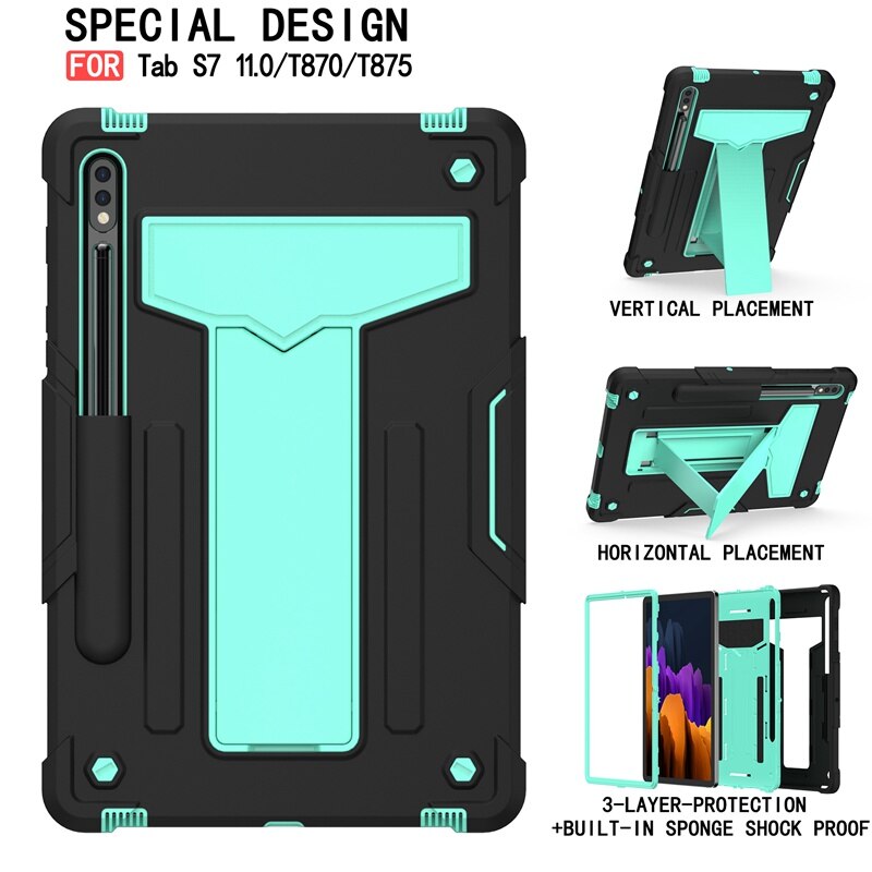 For Samsung Galaxy Tab S7 S 7 T870 T875 11 inch Case Kids Safe Hybrid Stand Full Body Silicon Hard Plastic Kickstand Cover Funda: Black Green