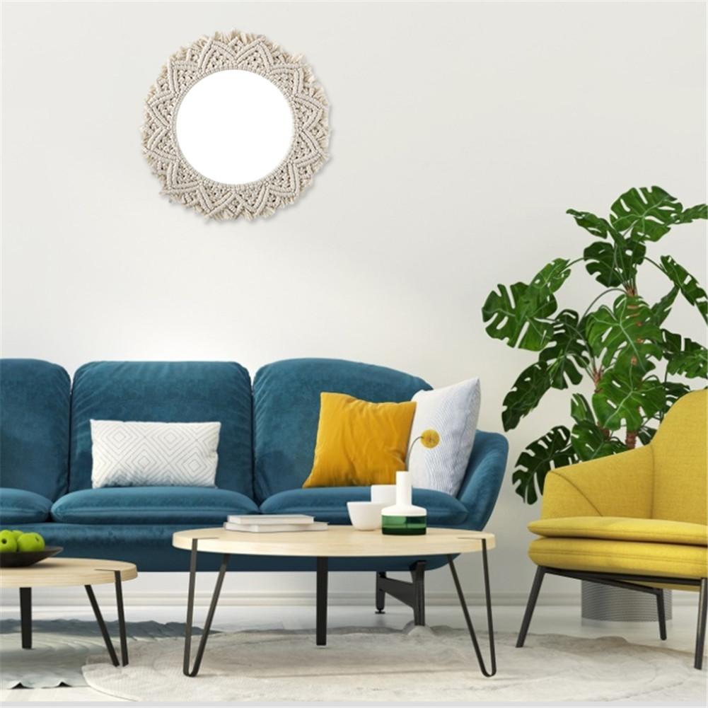 Round Lace Wall Hanging Mirror Art Deco Hand-made Cotton Rope Round Mirror For Living Room