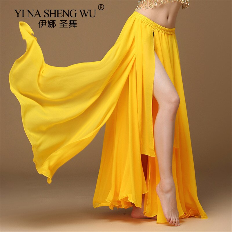 Falda de danza del vientre para mujer, falda larga de Color sólido de corte alto para danza Oriental, práctica Unilateral de bollwood de la India, 1 ud.: Yellow