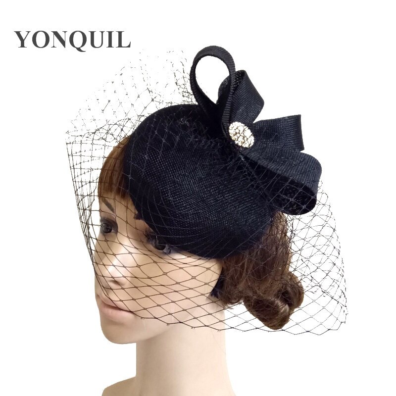 Vintage Mesh ślubne nakrycie głowy panna młoda elegancka moda Fascinator kapelusz kobiety formalne Party Chapeau z kapturem klip z welony nakrycia głowy