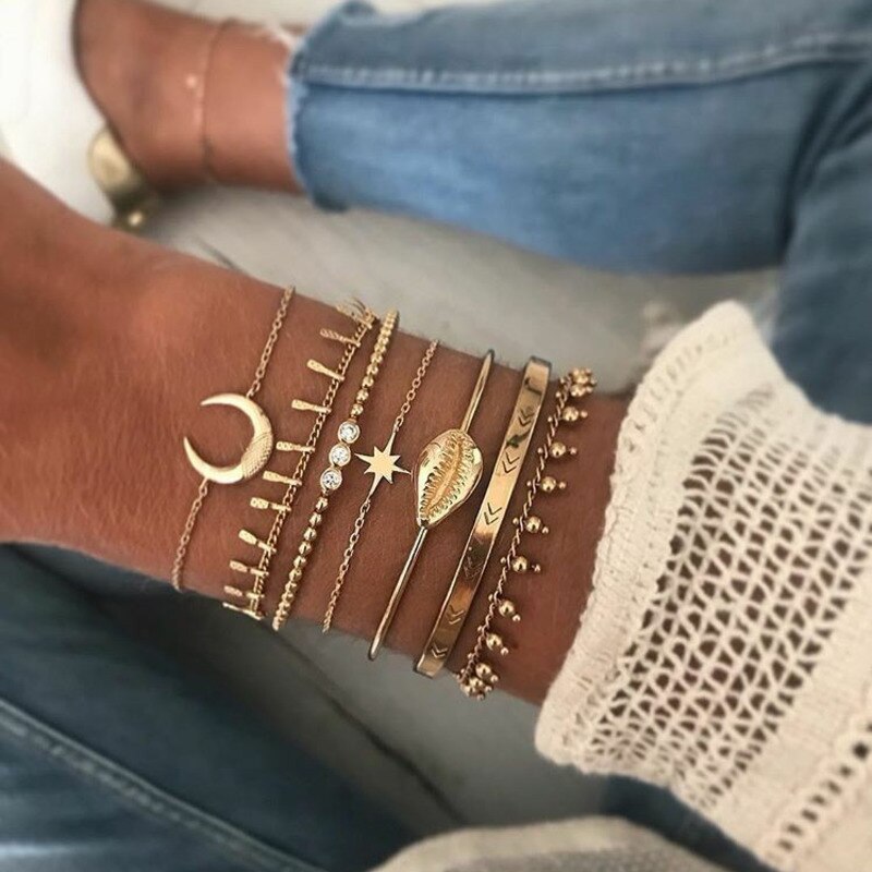 Punk Golden Opening Cuff Bracelets & Bangles For Women Crystal Geometric Link Chain Charm Bracelets Set Party Jewelry