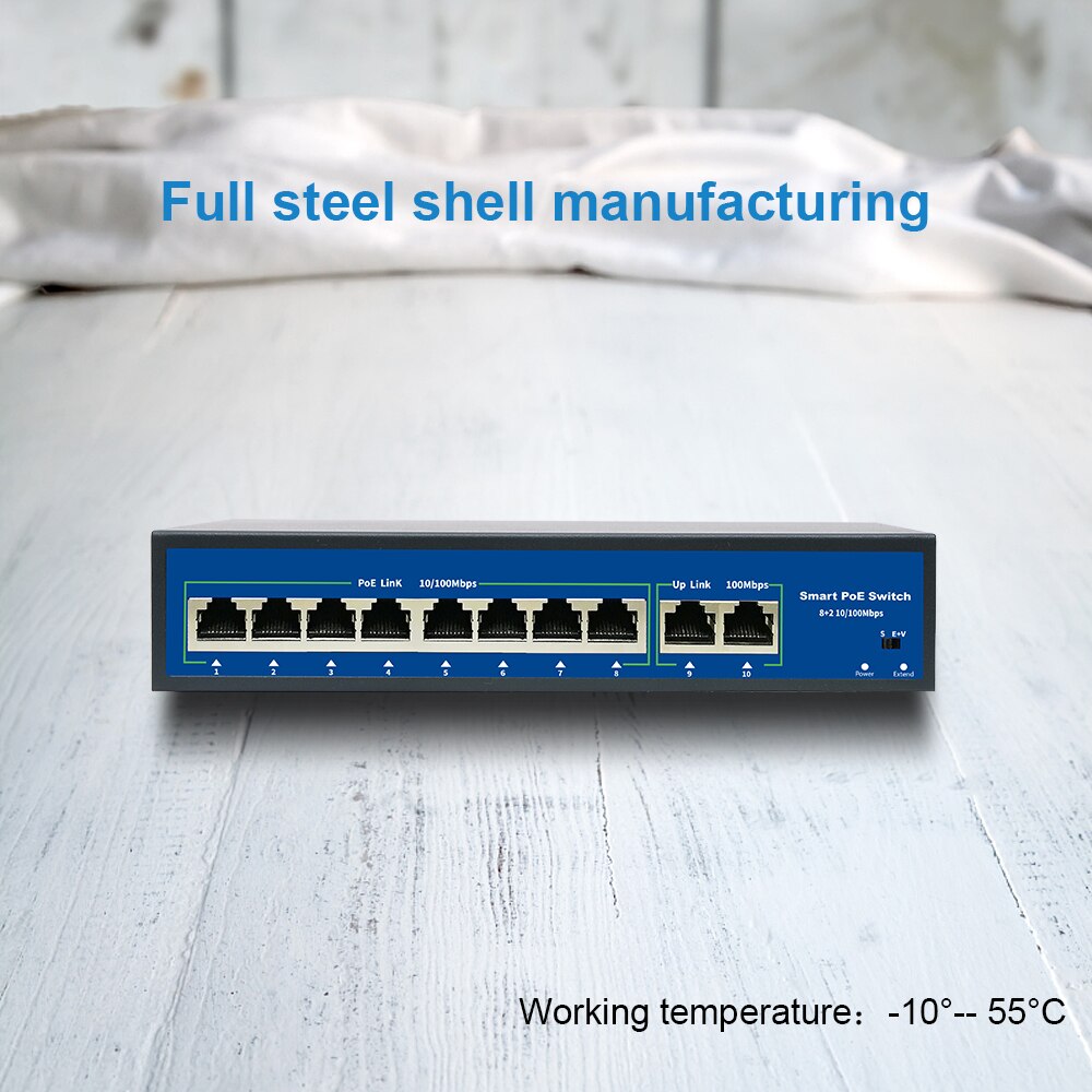 10 Ports POE Switch 48V Power Over Ethernet Network Switch 8 PoE Switch Injector for IP camera/Wireless AP/CCTV Camera System