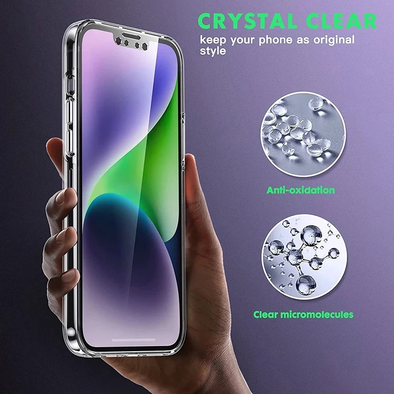 Coque de téléphone transparente avec film avant souple et coque de pare-chocs arrière en PC dur, protection complète à 360, iPhone 15 14 Plus 13 12 11 Pro XS Max X