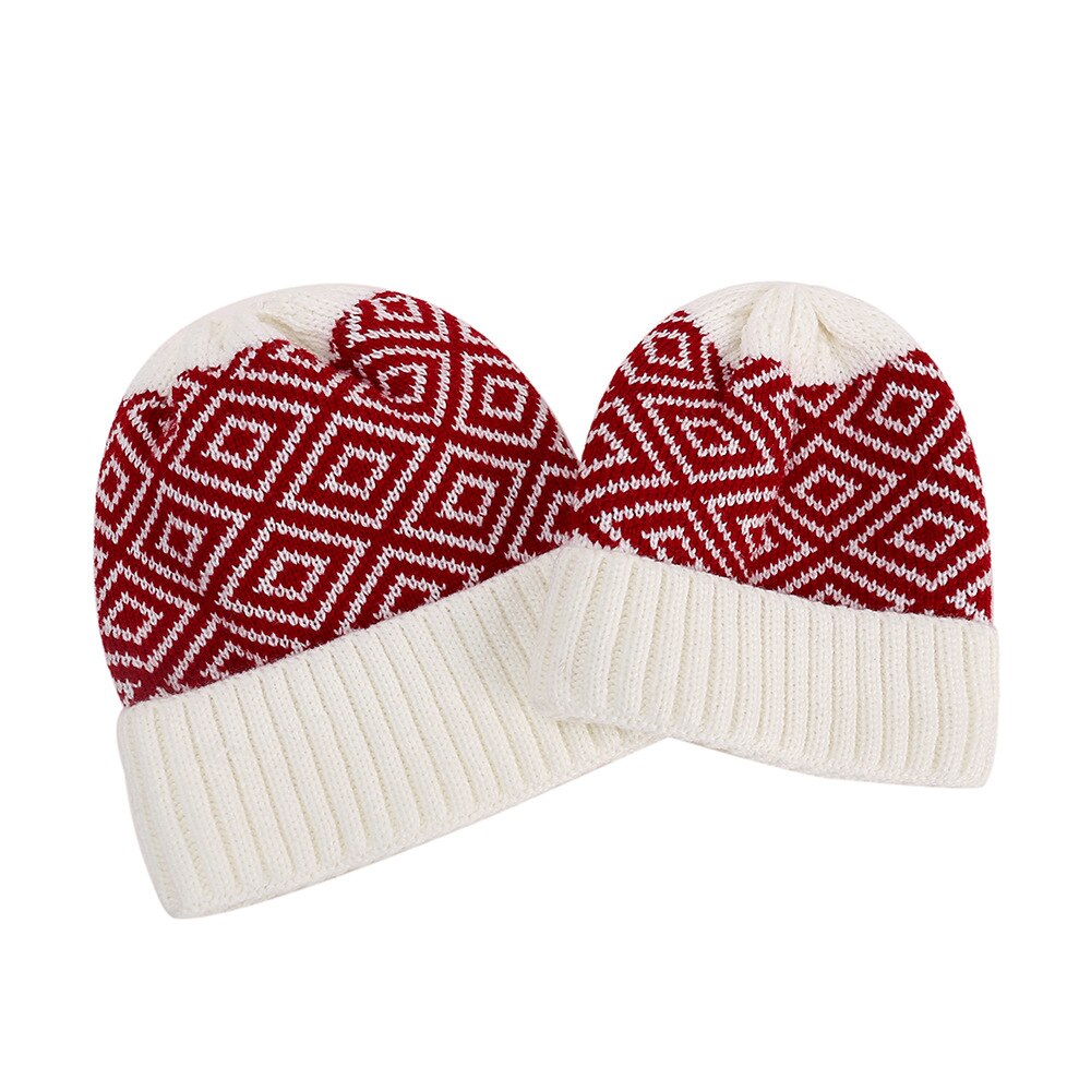 Strikket hat plaid rhombus uld cap strik cap familie matchende hat til voksne børn sød jul: 5