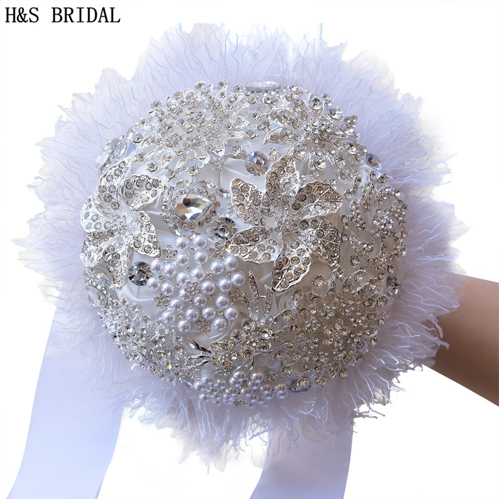 H&amp;S BRIDAL European Style White Lace Wedding Flowers Bridal Bouquets With Crystal Pearls Ramo Boda Bridesmaid Flower Bouquet