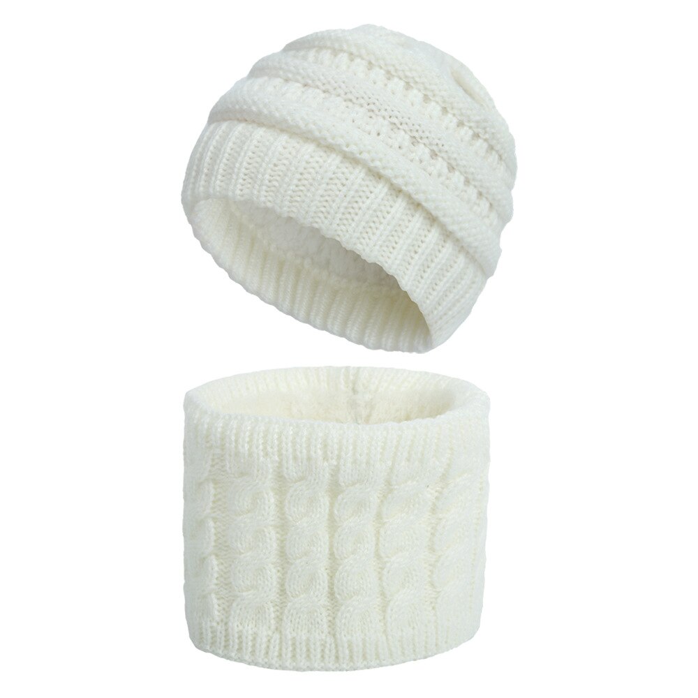 Winter Children's Skullies Hat Scarf Set Thick Knitted Kids Two pieces Fluffy Hats Scarf Sets Solid Warm Cap Girls boys Hats: White