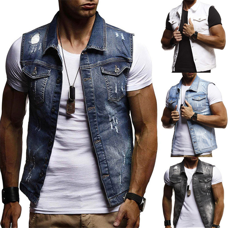 Helisopus automne et hiver manteau en Denim pour hommes classique trou de lavage gilet hommes décontracté sans manches col rabattu gilet