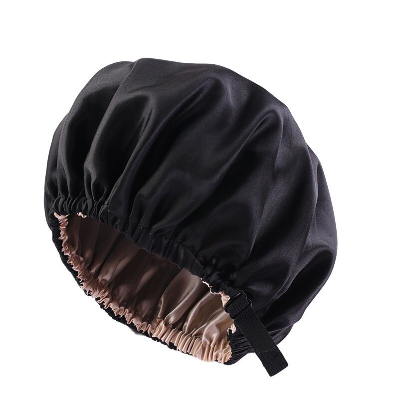 Women Satin Bonnet Hair Cap Double Layer Sleep Night Cap With Invisible Flat Adjusting Button Head Cover Bonnets Hat: Black